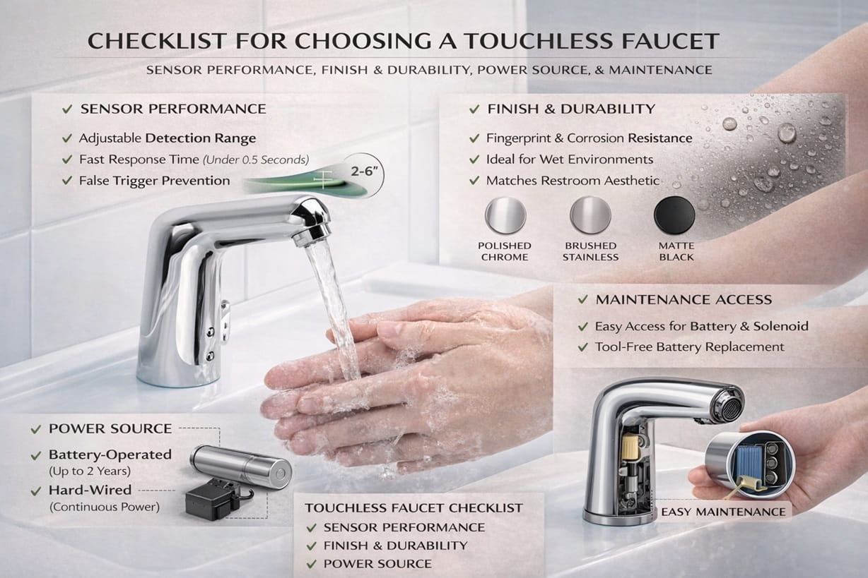 Checklist for choosing a touchless faucet including sensor performance, finish, power source, and maintenance access