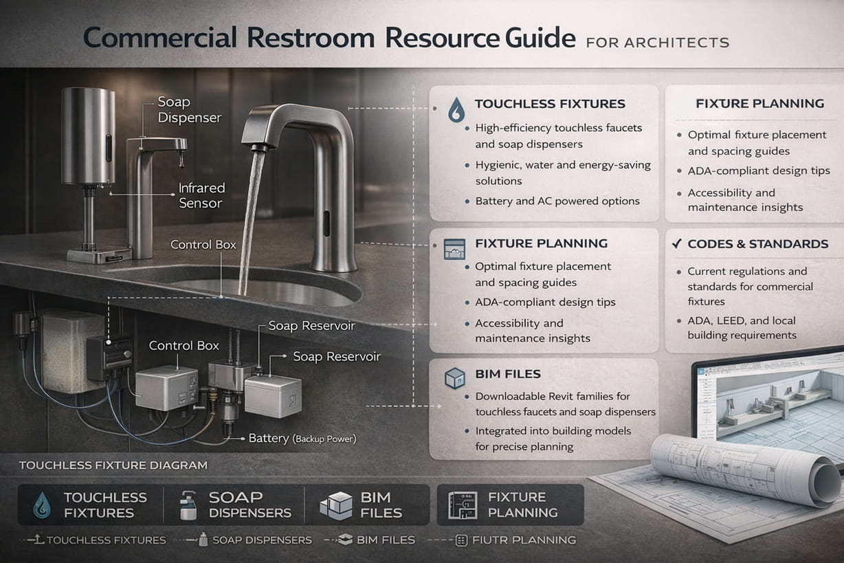Commercial restroom resource guide showing touchless faucets, soap dispensers, BIM files, and fixture planning for architects