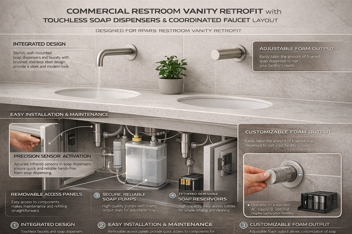 Commercial restroom vanity retrofit with touchless soap dispensers and coordinated faucet layout.