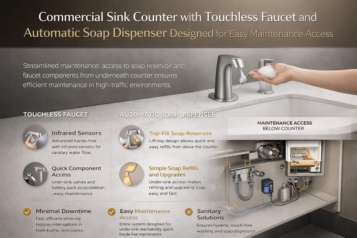 Commercial sink counter with touchless faucet and automatic soap dispenser designed for easy maintenance access.