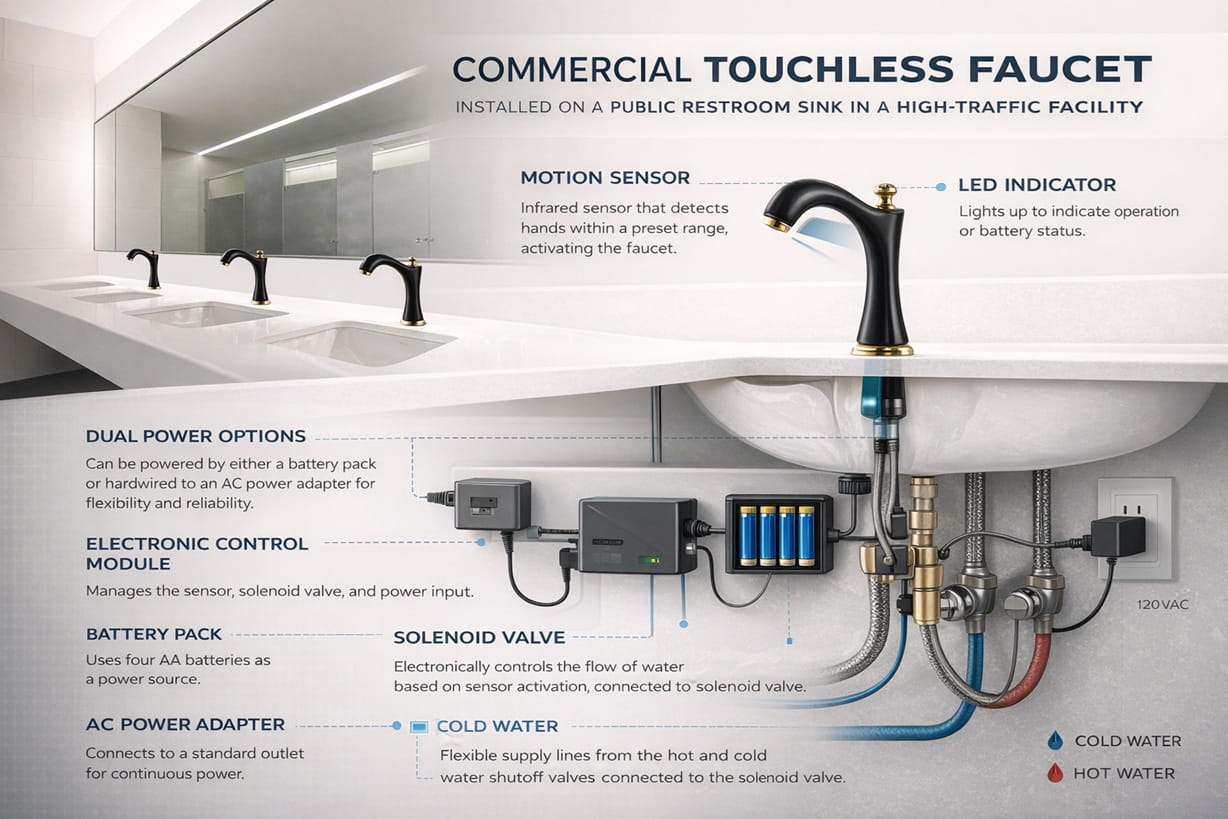 Commercial touchless faucet installed on a public restroom sink in a high-traffic facility