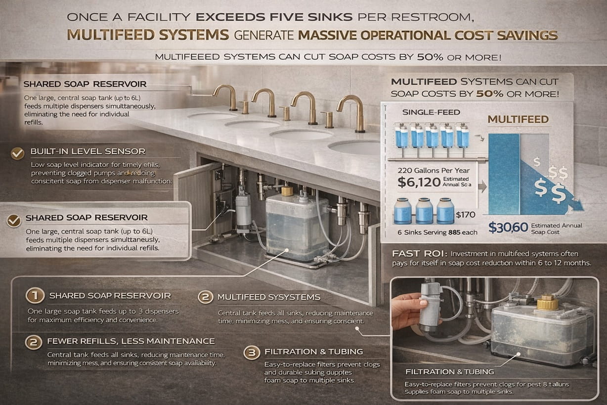 Once a facility exceeds five sinks per restroom, multifeed systems begin generating massive operational cost savings.
