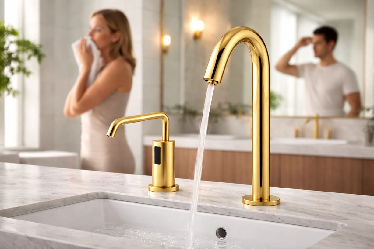 touchless faucet and soap dispenser integrated commercial restroom modern design