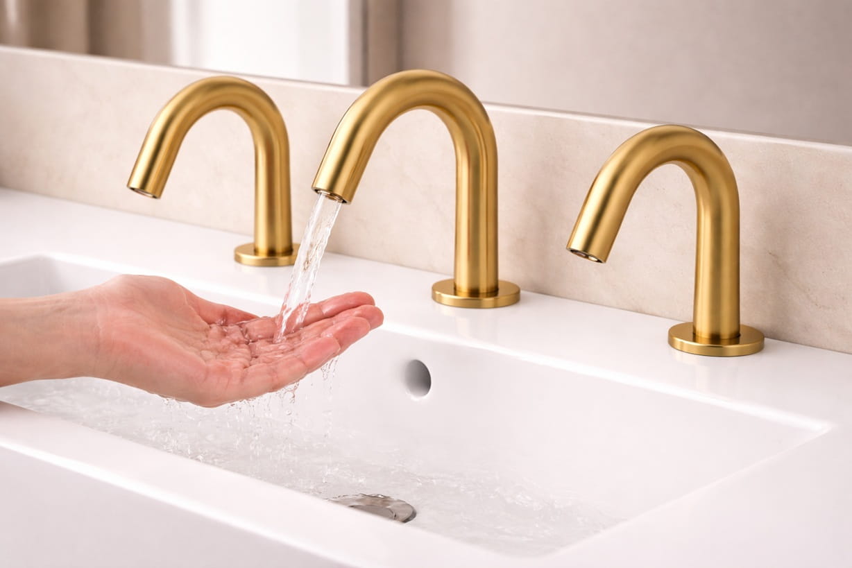 Modern office restroom with commercial touchless faucets selected for durability design and daily employee use