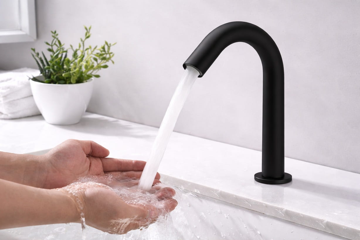 Airport restroom touchless faucet installation example