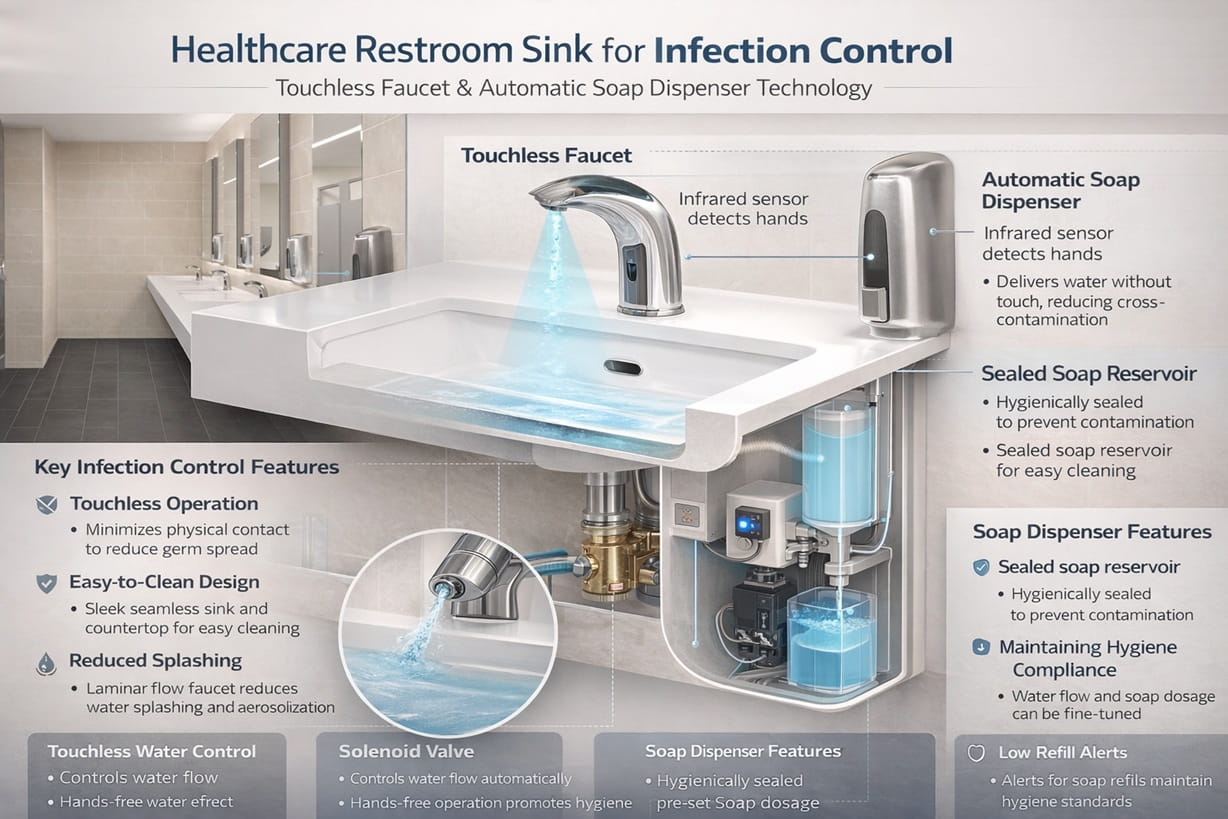 Healthcare restroom sink with touchless faucet and automatic soap dispenser designed for infection control