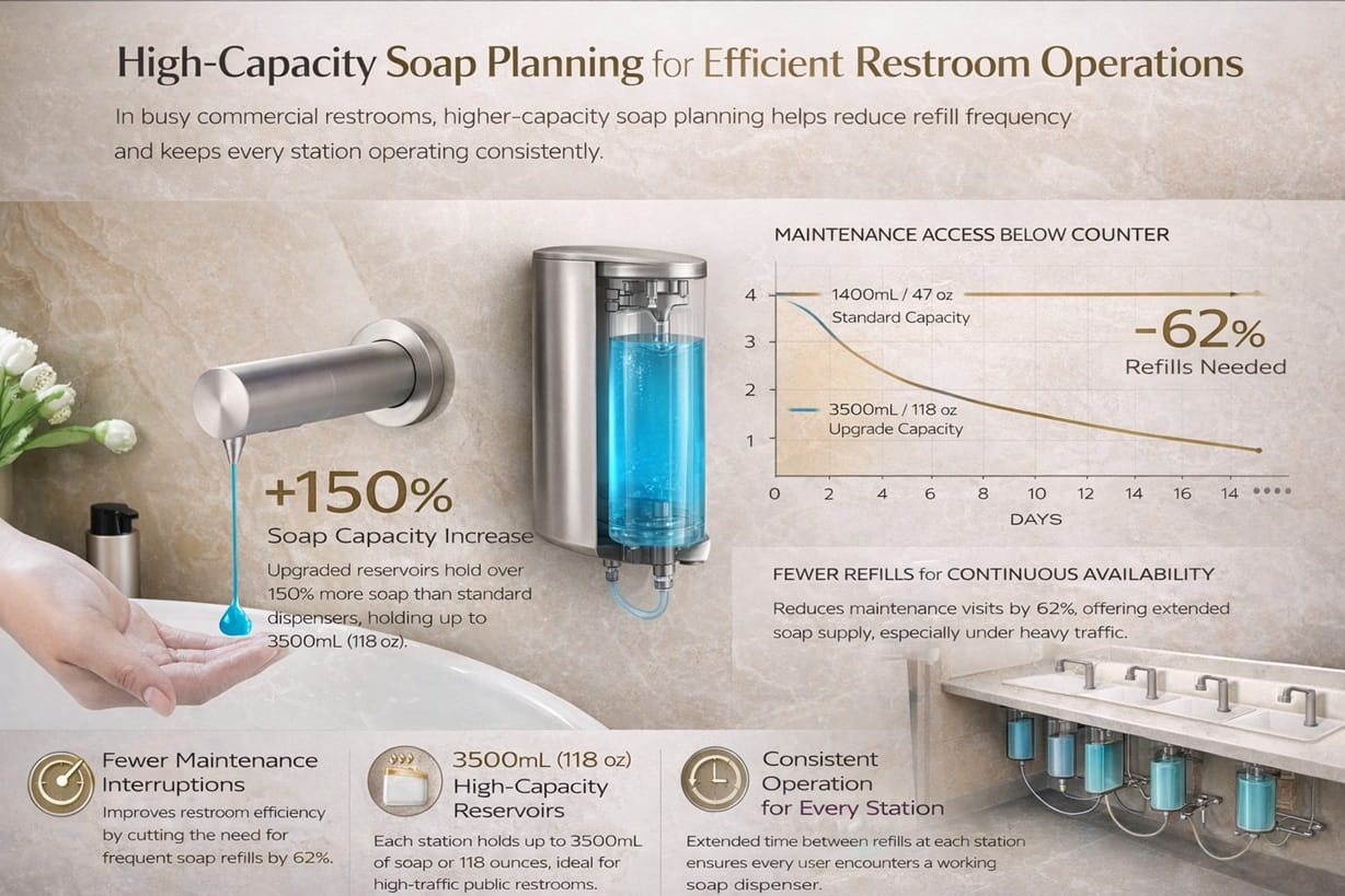 In busy commercial restrooms, higher-capacity soap planning helps reduce refill frequency and keeps every station operating consistently.