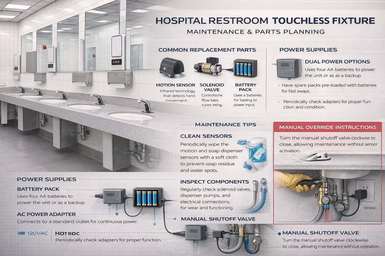 Hospital restroom touchless fixture maintenance and parts planning