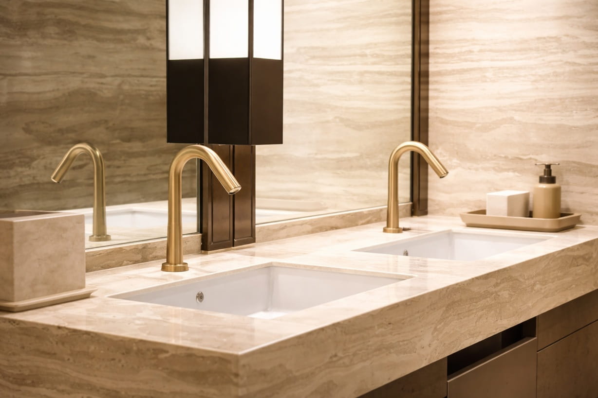 Commercial washroom with ToF touchless faucet system designed for precise sensor activation and low-flow performance