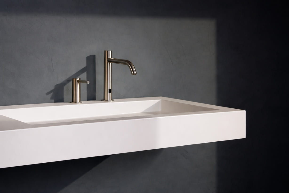 Modern office restroom designed with touchless fixtures durable materials accessibility and efficient space planning