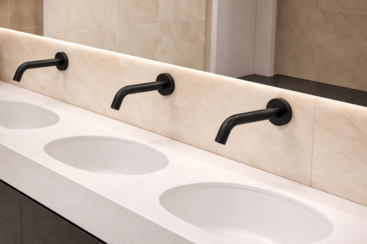 Luxury hotel bathroom with designer touchless faucet finishes and high-end guest restroom styling