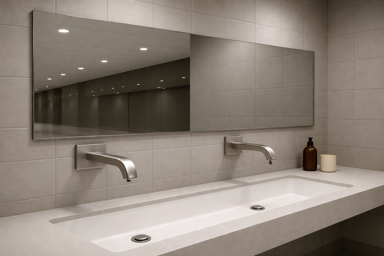 High-traffic commercial restroom with touchless sensor faucets designed for water savings and hygiene