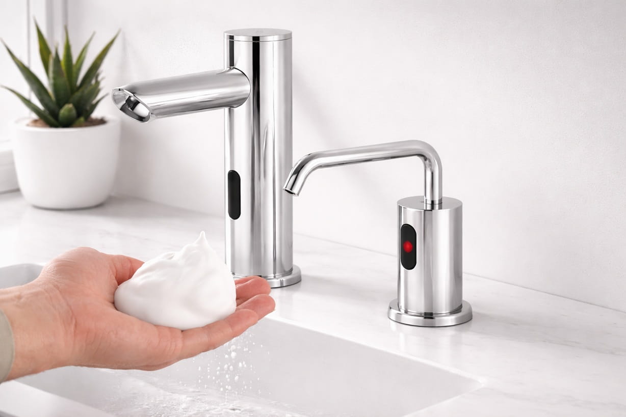 Different types of touchless faucets used in commercial office healthcare and hospitality environments