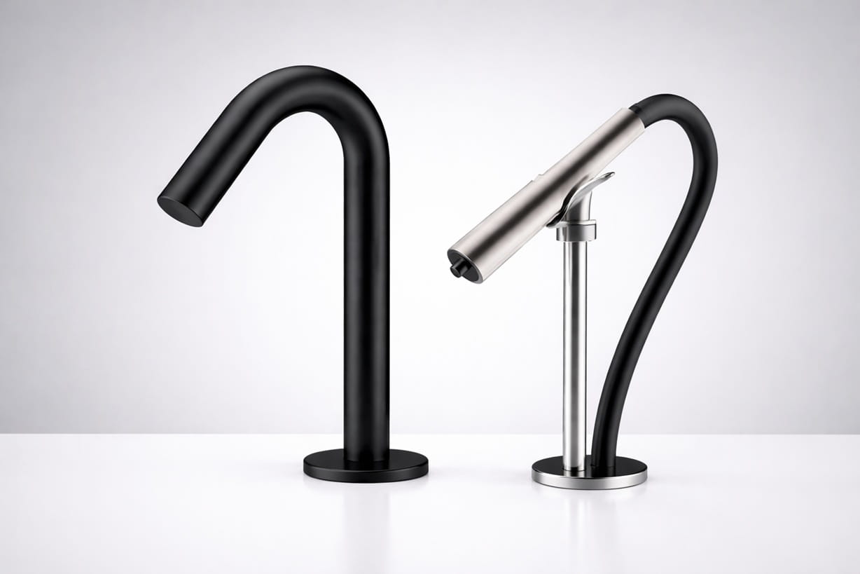 Black sculpted deck-mounted touchless faucet with chrome detailing.