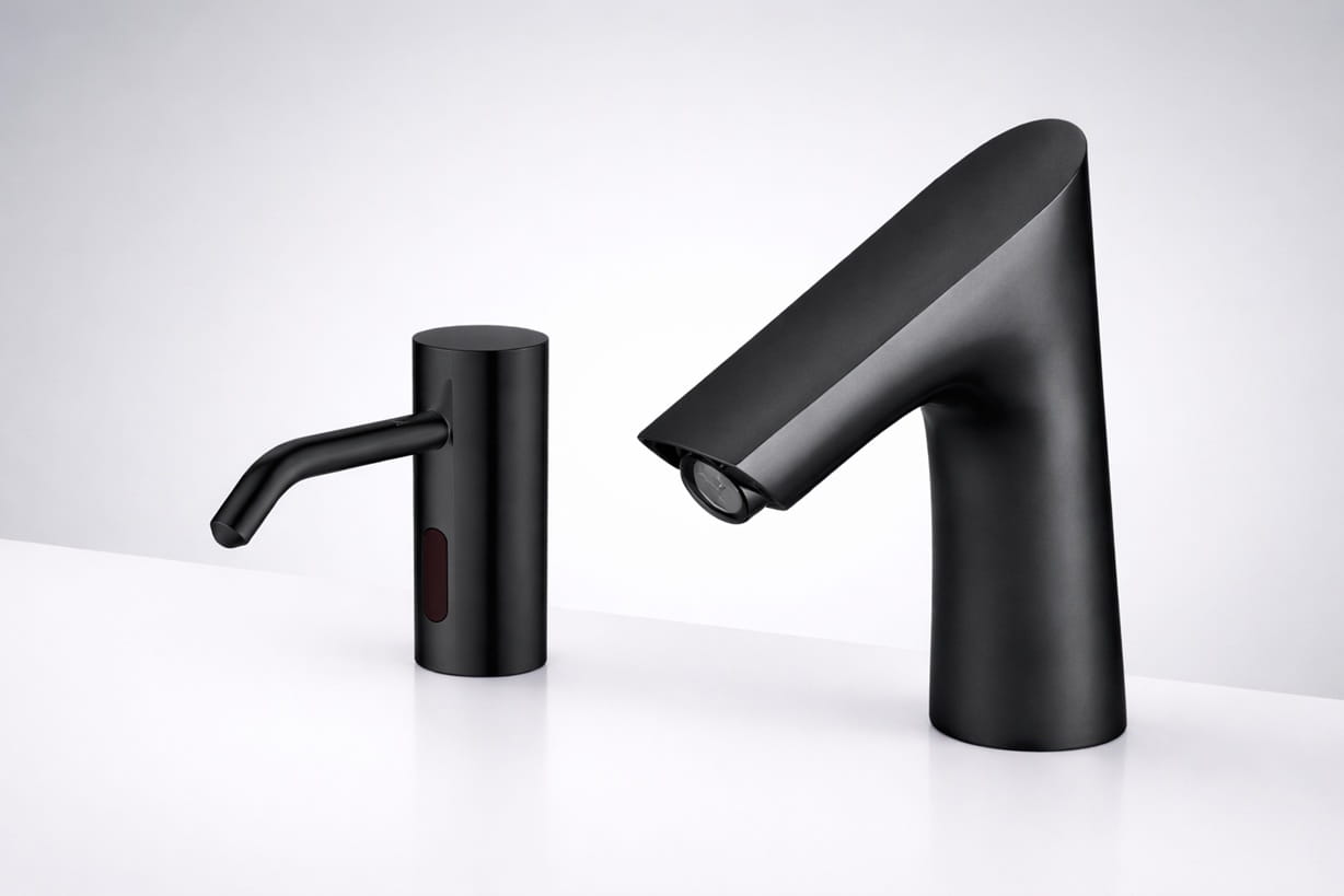 Square-plate chrome wall-mounted touchless faucet with integrated sensor.