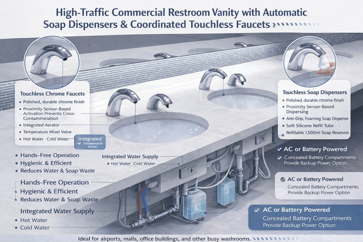 High-traffic commercial restroom vanity with automatic soap dispensers and coordinated touchless faucets.