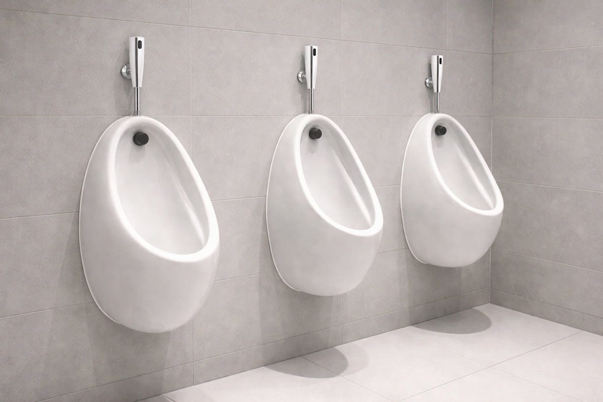 Commercial sensor urinal flush valve detail for high-traffic restroom specification and touchless hygiene performance