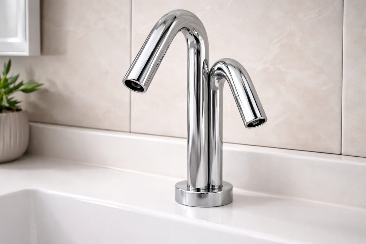 Polished chrome wall mounted touchless faucet in a modern office restroom designed for hygiene water efficiency and commercial durability