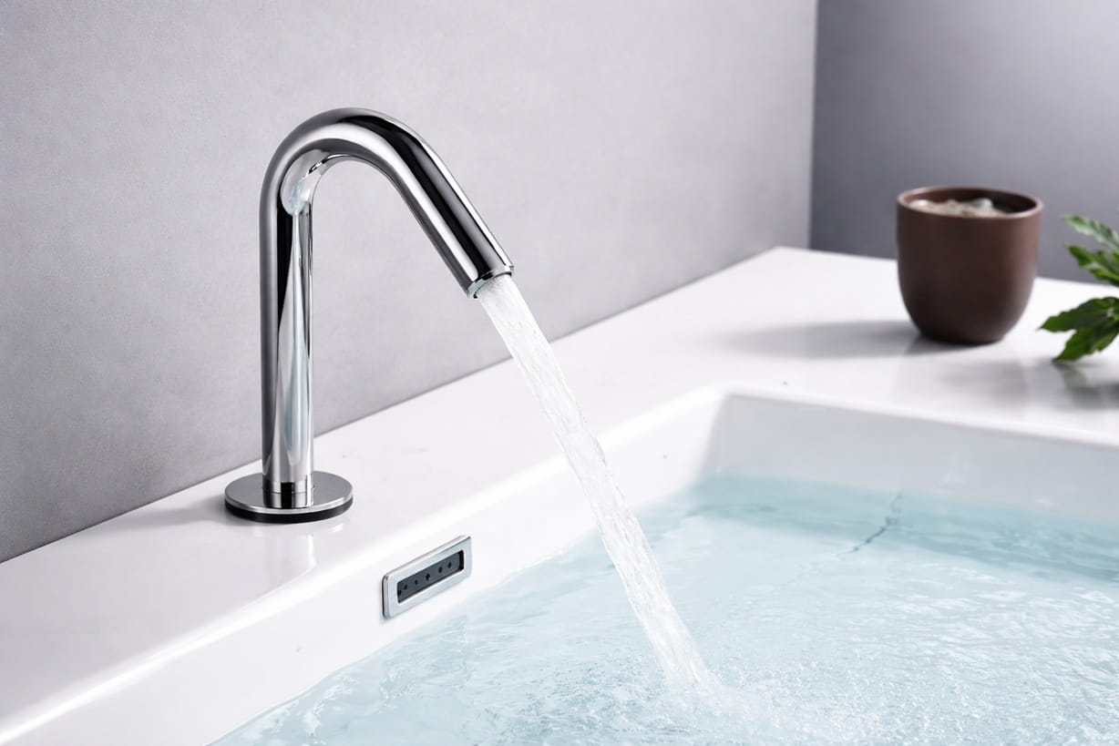 Office restroom layout with multiple commercial touchless faucets installed along a shared vanity