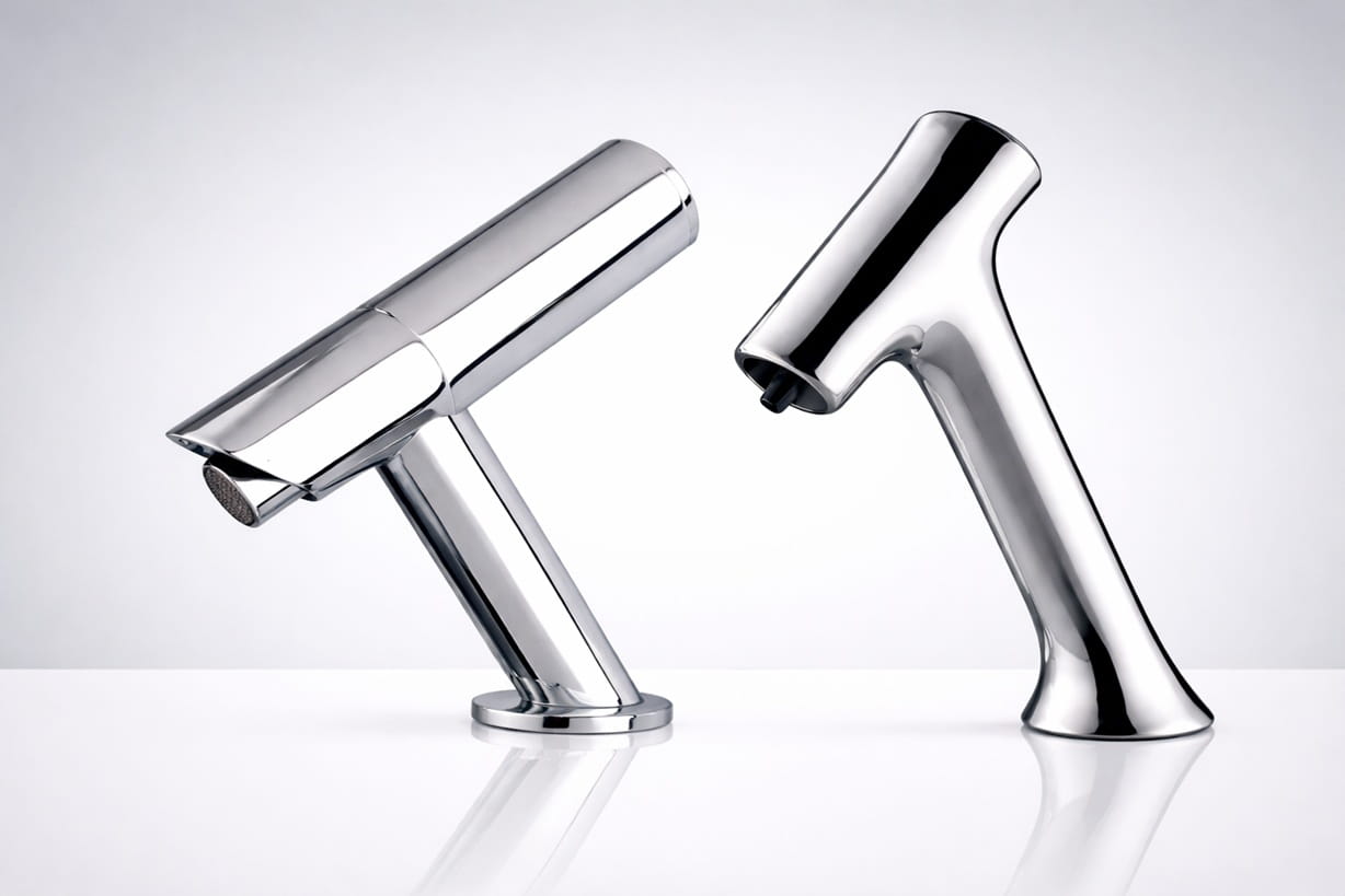 Brushed gold designer touchless faucet with slender profile.