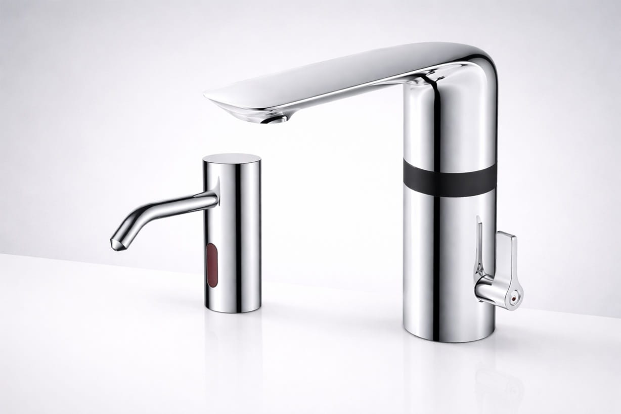 Commercial touchless faucet power strategy graphic for office buildings showing maintenance and specification planning