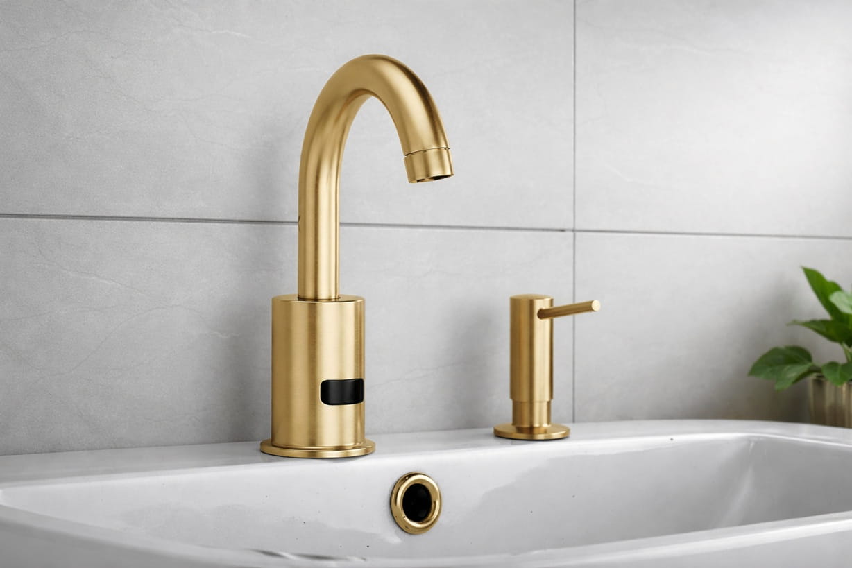 Modern commercial restroom with touchless faucet and automatic soap dispenser in coordinated finish