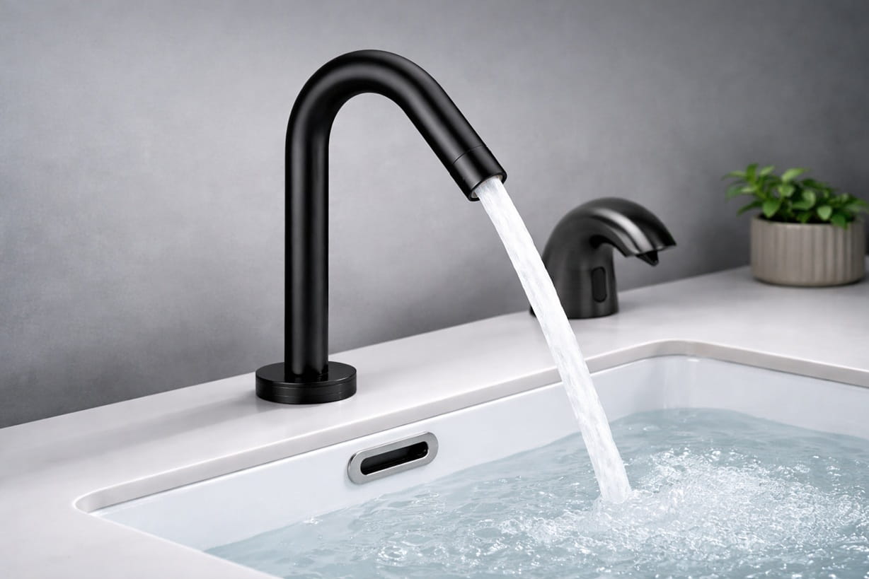 Touchless faucet with durable brushed metal finish in a commercial restroom highlighting anti fingerprint coating and hygienic hands free operation