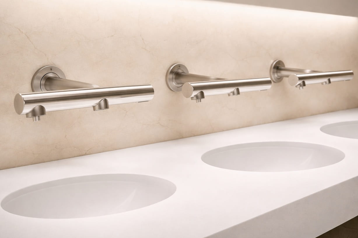 Commercial touchless faucet brand comparison image showing modern public washroom fixtures and specification-ready sensor faucet options