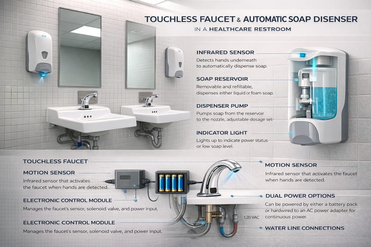 Touchless faucet and automatic soap dispenser in a healthcare restroom