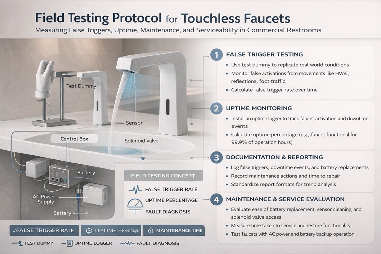 Field testing protocol for touchless faucets measuring false triggers, uptime, maintenance, and serviceability in commercial restrooms