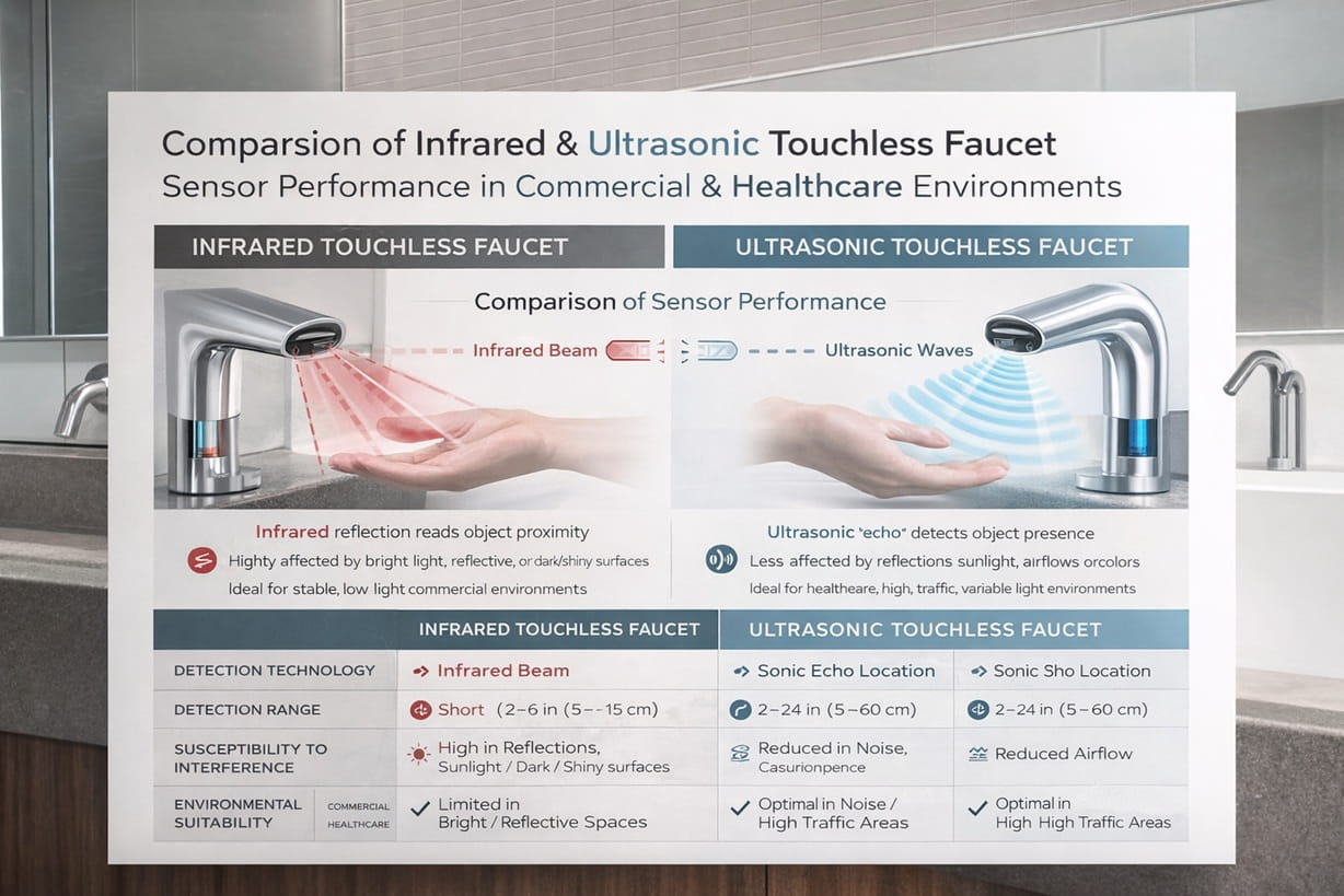 Comparison of infrared and ultrasonic touchless faucet sensor performance in commercial and healthcare environments