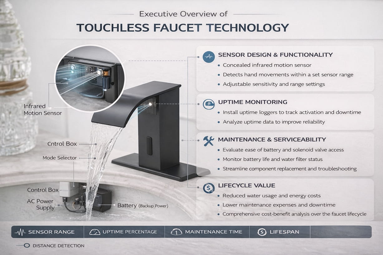 Executive overview of touchless faucet motion sensor design, uptime, maintenance, and lifecycle value