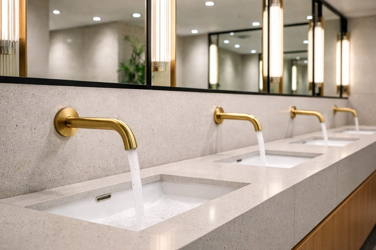 Close-up of infrared touchless faucet sensor technology in a luxury restroom