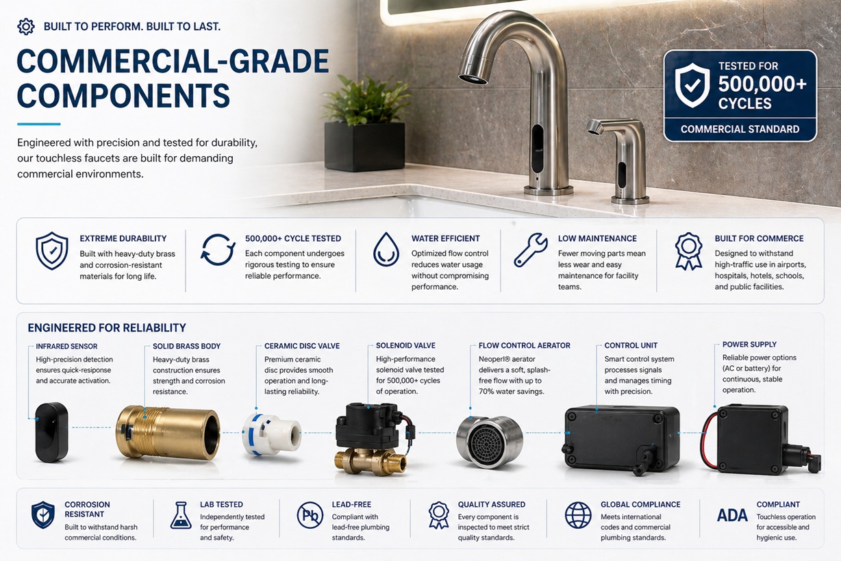 Durability testing of commercial grade brass faucet components with 500000 cycle certification