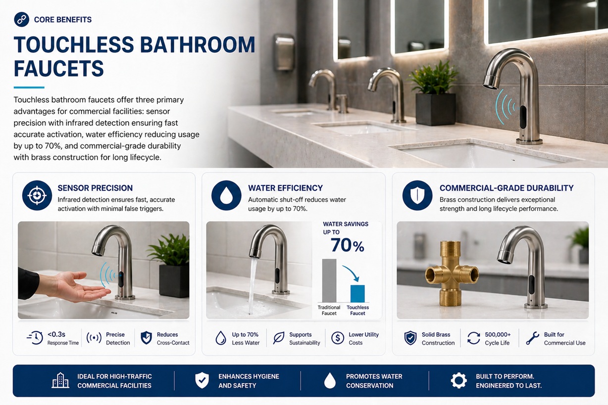 Modern commercial bathroom featuring touchless faucet with infrared sensor showing water savings and hygiene benefits