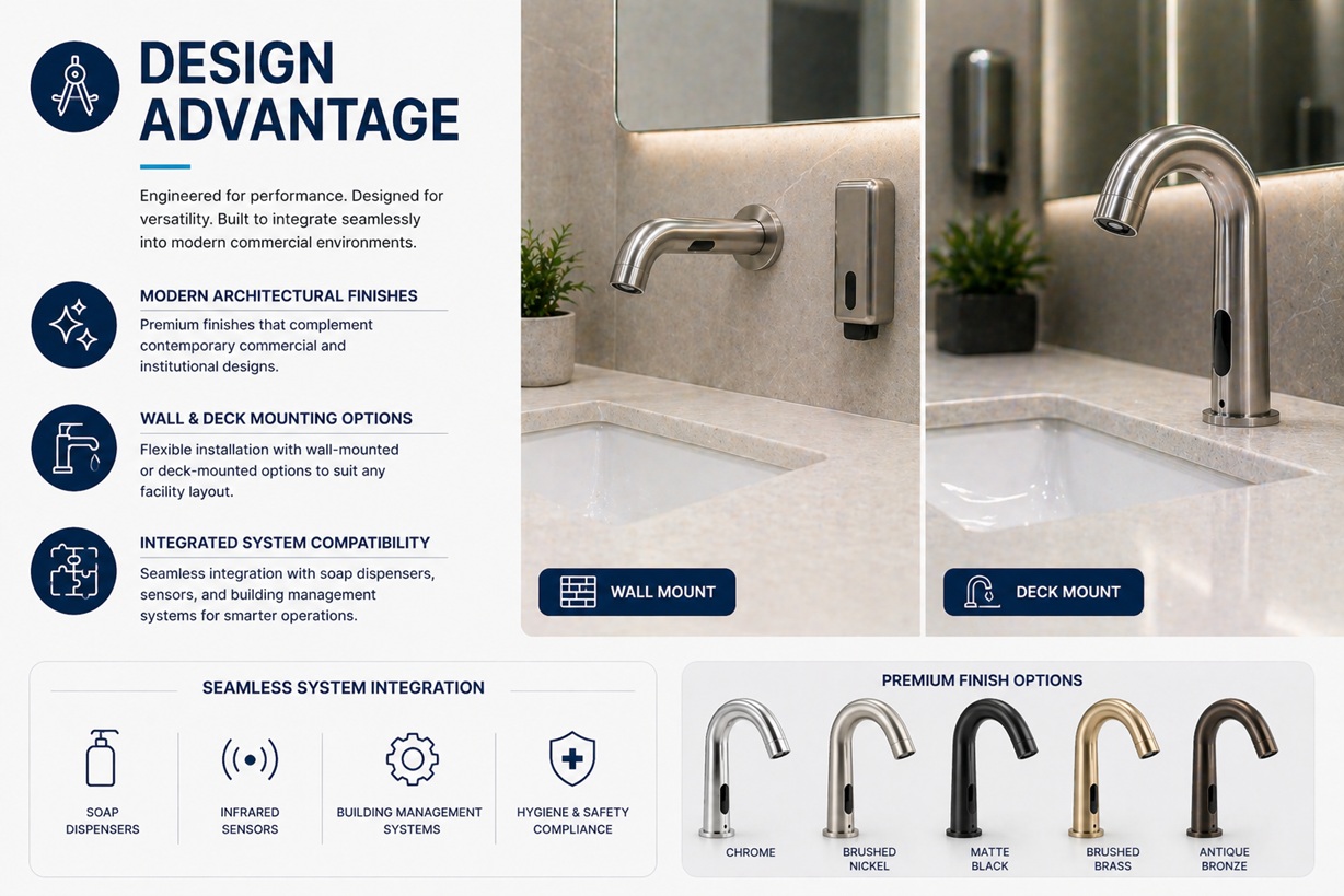 Design advantages of commercial touchless faucets showing modern architectural finishes and versatile mounting options