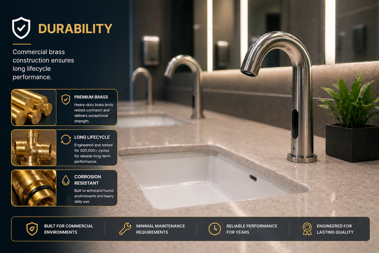 Solid brass construction of commercial grade touchless faucet showing premium build quality and durability