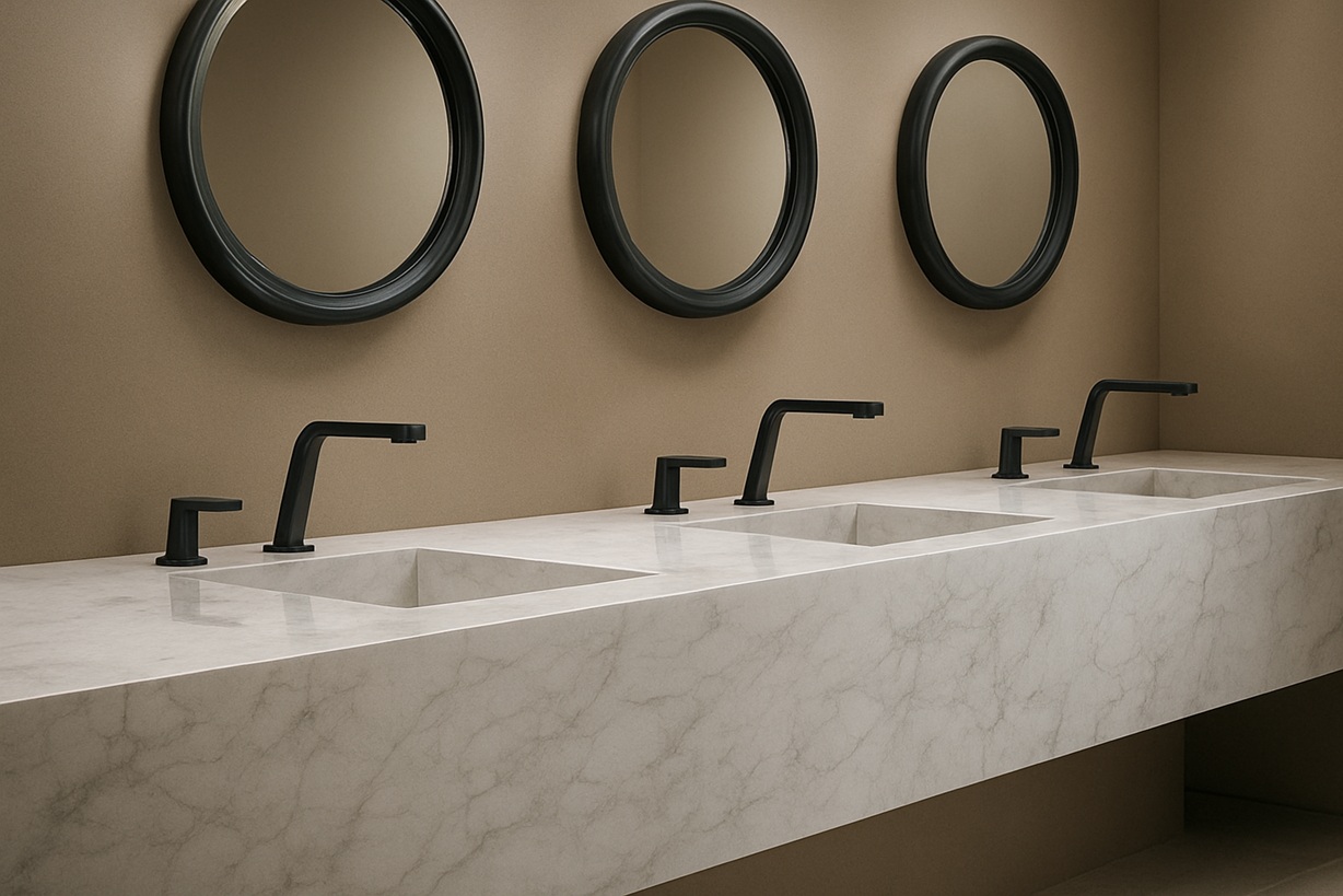 Future-ready luxury bathroom system with high-performance touchless faucets in blue and white design setting