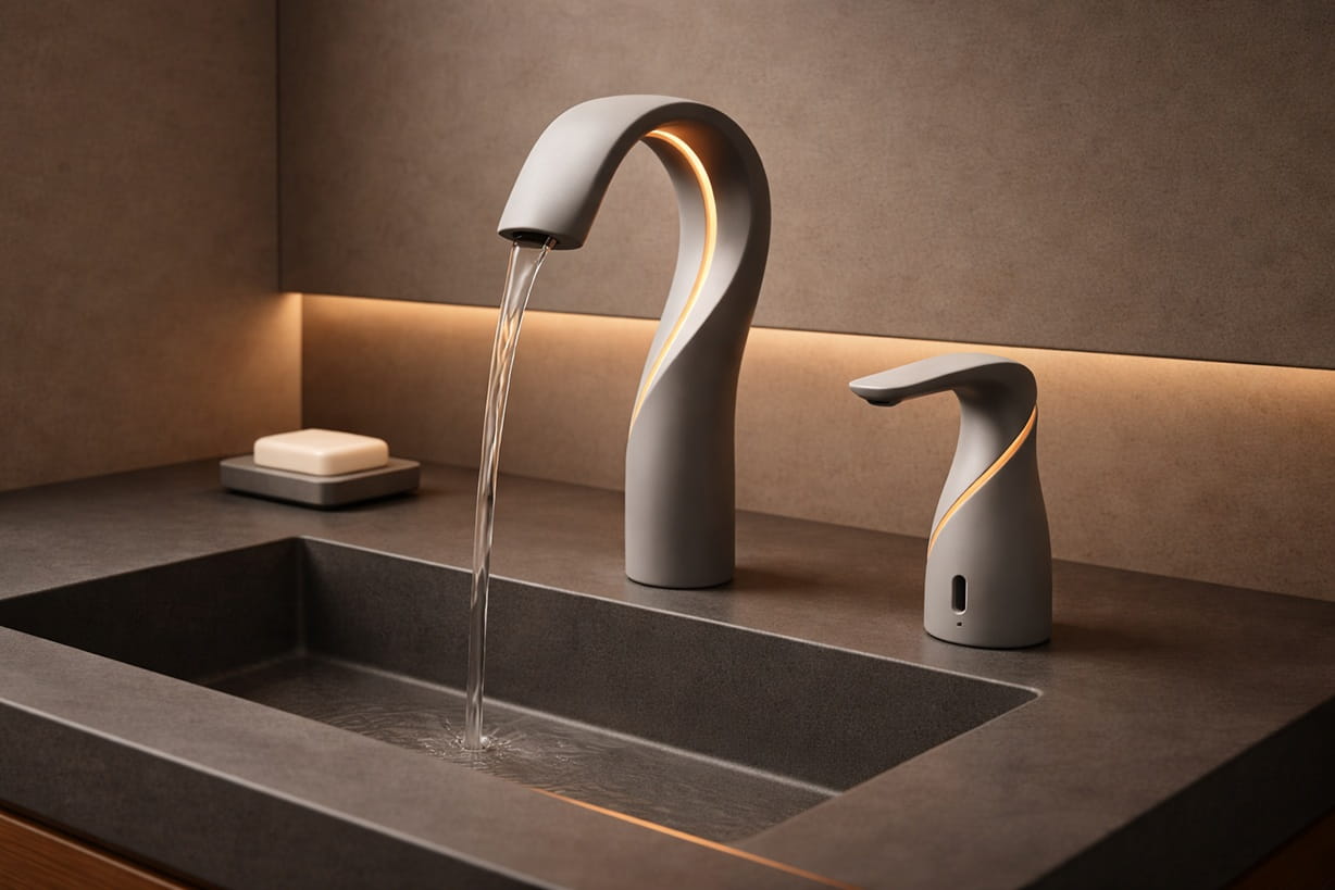 Water-saving touchless faucet flow control for commercial hospitality restrooms