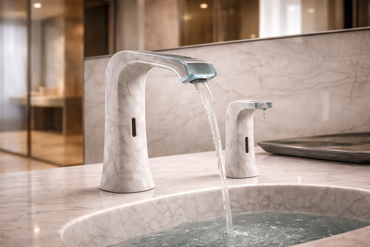 Polished chrome touchless faucet for timeless luxury hotel restroom interiors