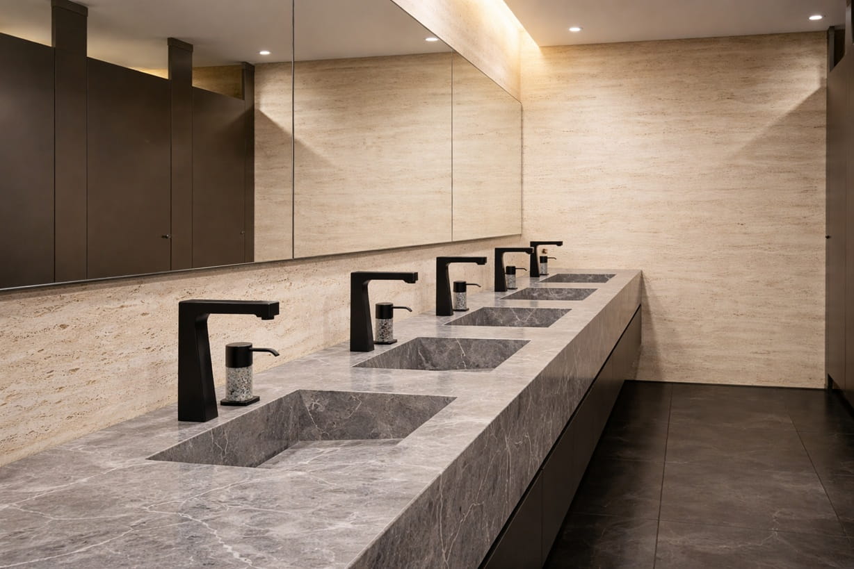 Brushed nickel touchless faucet for understated luxury hospitality bathrooms