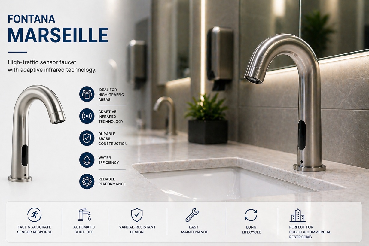 Fontana Marseille commercial touchless faucet with adaptive infrared technology ideal for high traffic restrooms