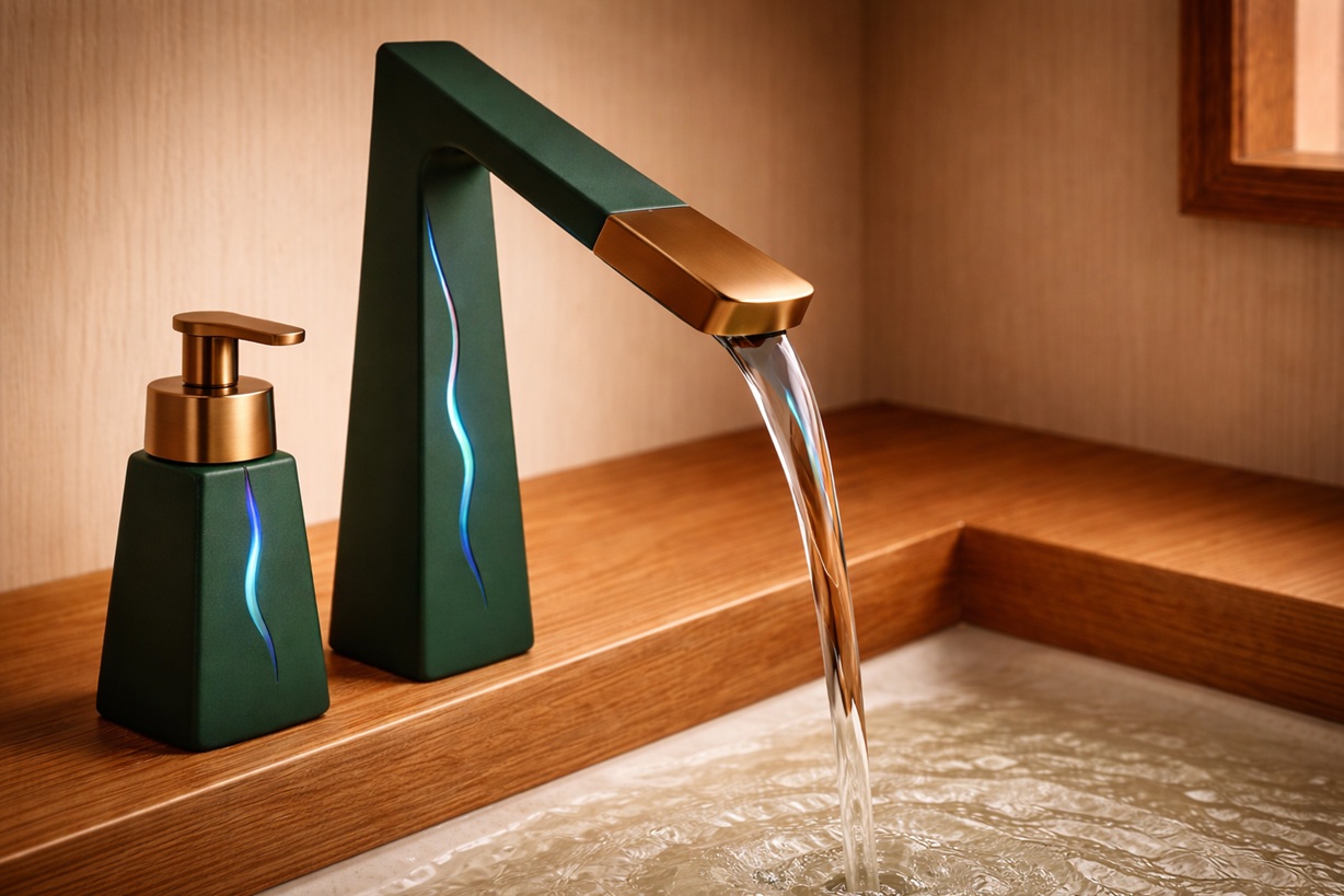 Wall mounted faucet in minimalist bathroom
