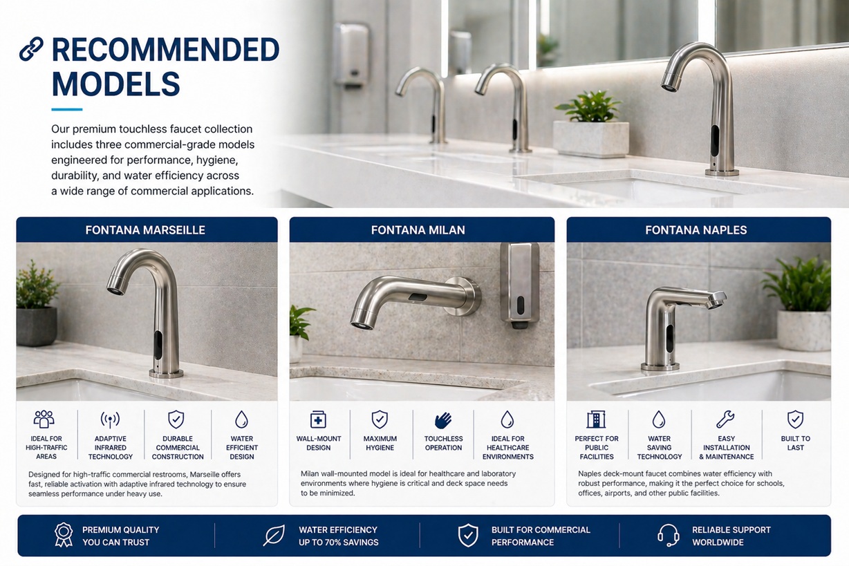 Collection of premium commercial touchless faucet models including wall mount deck mount and ADA compliant designs
