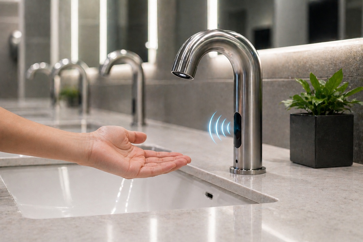 Close up of infrared motion sensor on commercial touchless faucet showing precision detection technology