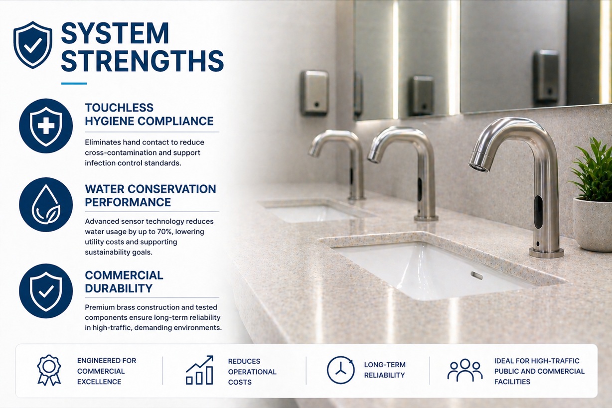 Chart showing key system strengths of commercial touchless faucets including hygiene compliance water conservation and durability