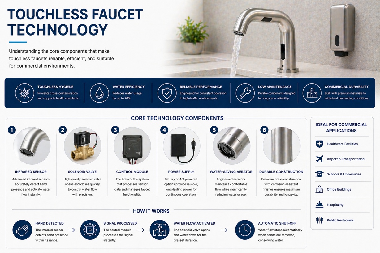 Internal components of commercial touchless faucet showing solenoid valve circuit board and infrared sensor assembly