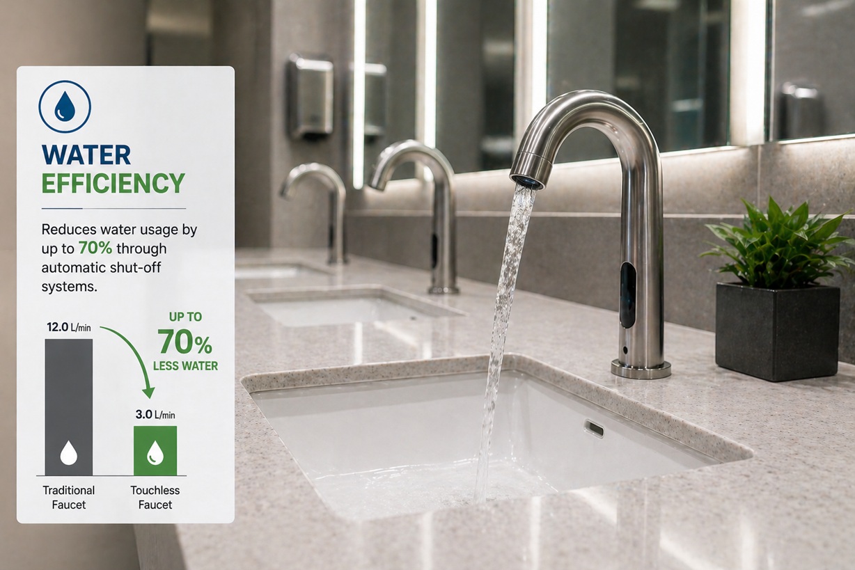 Water flow from commercial touchless faucet demonstrating efficient laminar stream and conservation technology