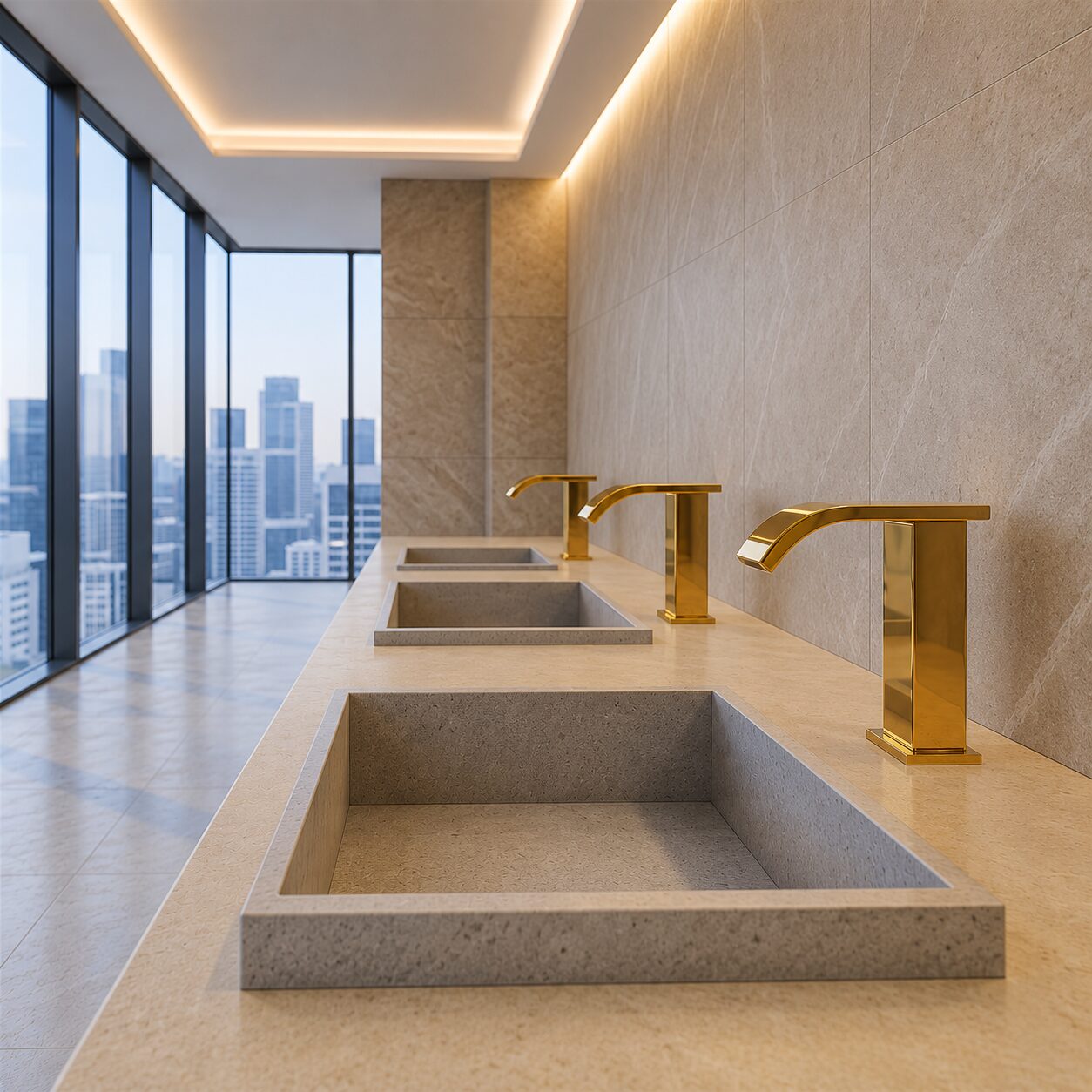 Coordinated commercial restroom system with touchless faucet and vessel sink