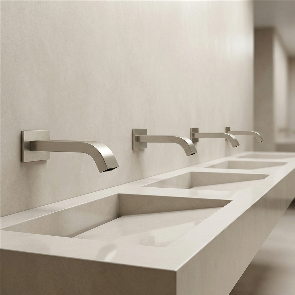 Commercial restroom with controlled reflectance finishes supporting perceived cleanliness